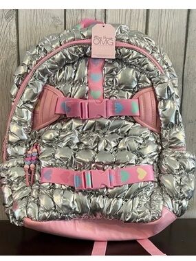 OMG Metallic Silver & Pink Heart Kids Backpack